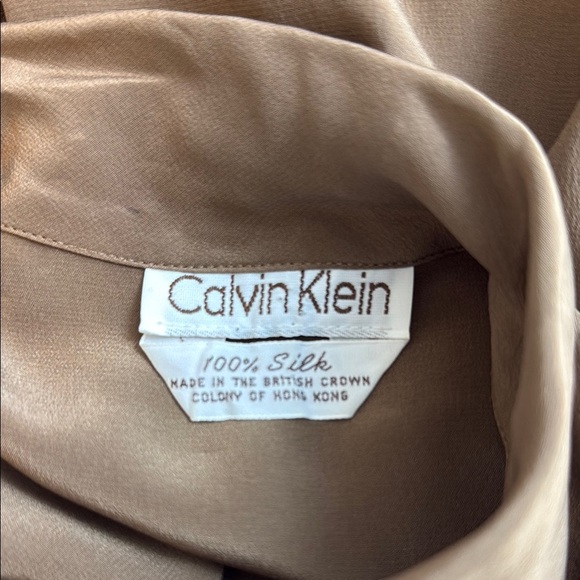 Vintage Calvin Klein Brown Ruffled 100% Silk Blouse with Cuffed Sleeves Small - Picture 4 of 8